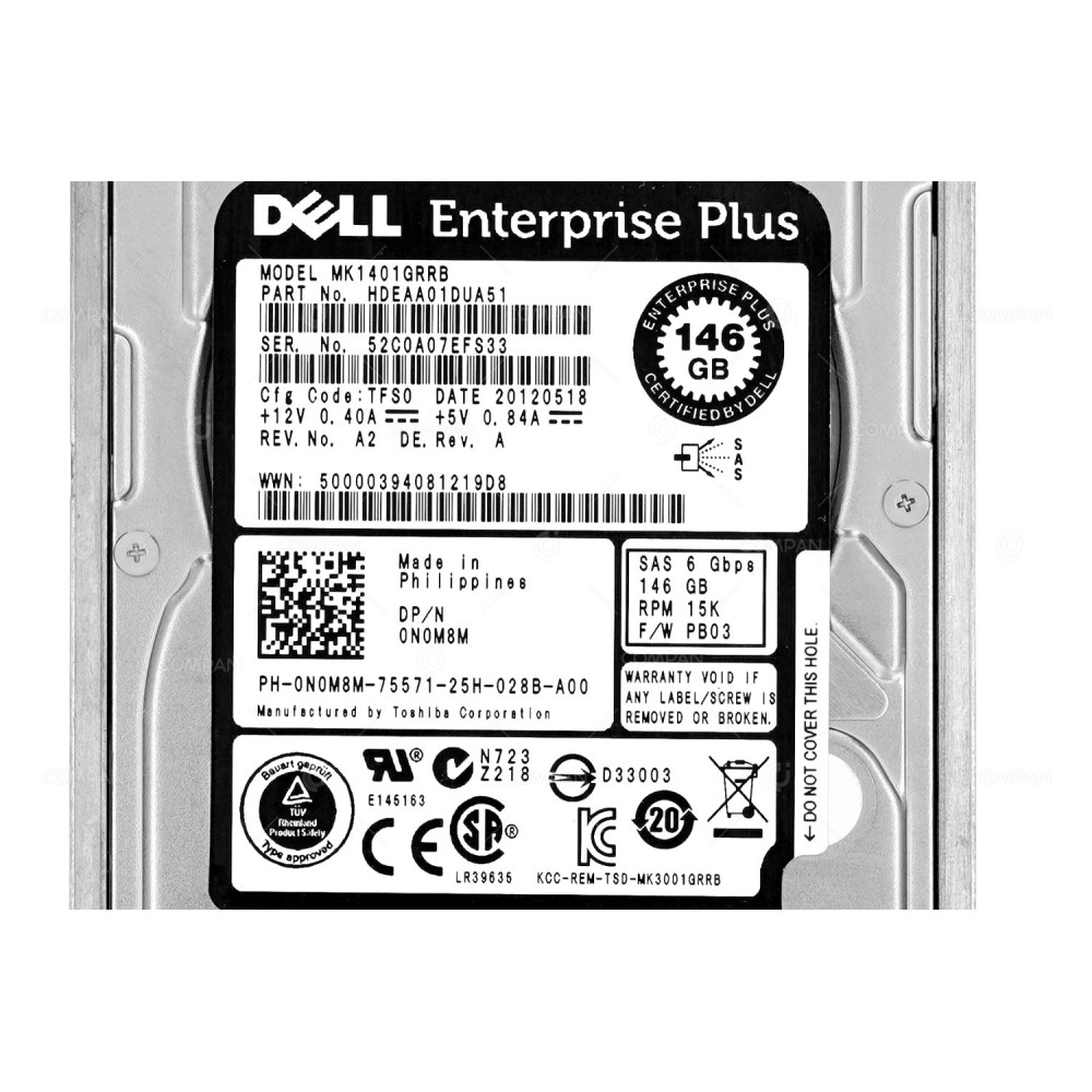 N0M8M DELL 146GB 15K 6G SAS 2.5 SFF HOT SWAP HARD DRIVE 0N0M8M, MK1401GRRB